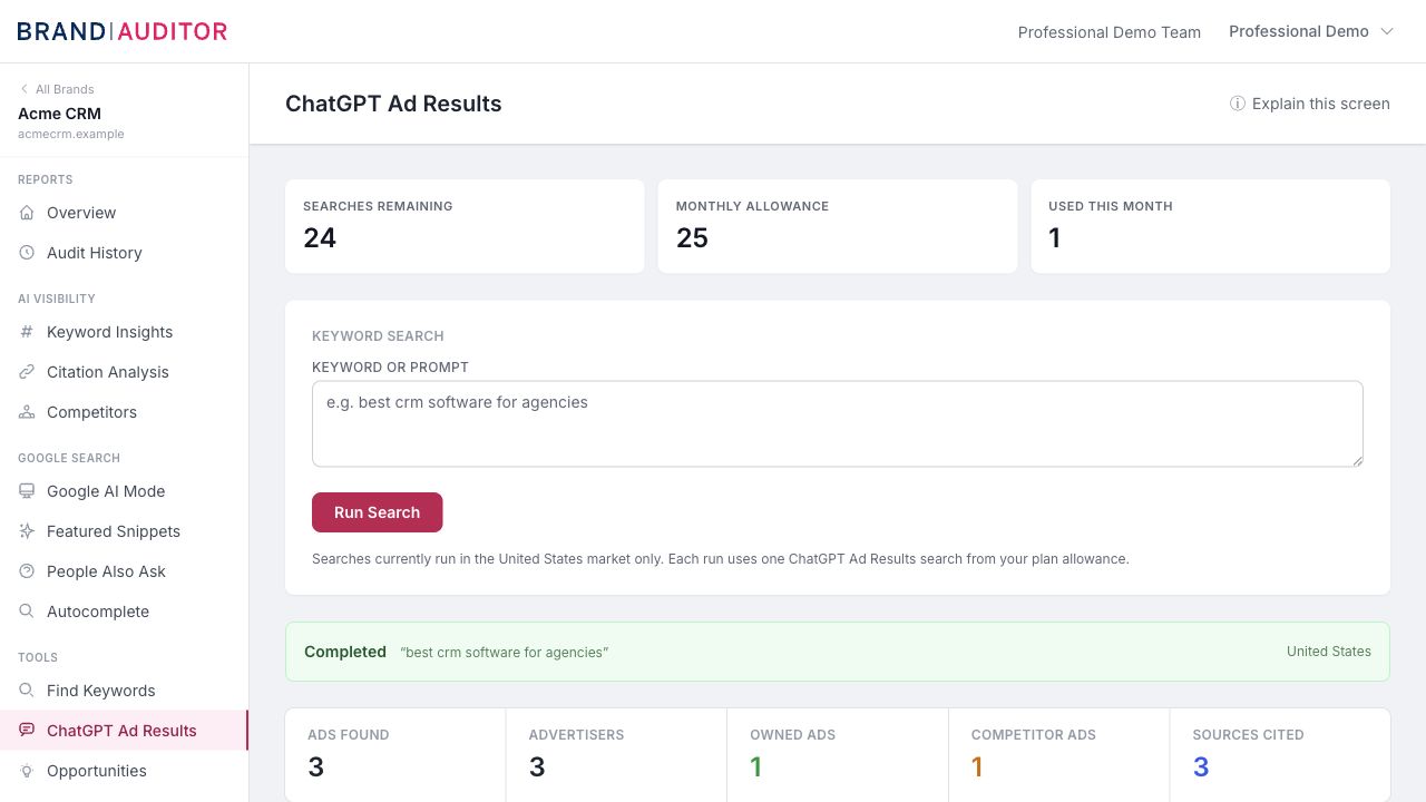 Run exact US keyword searches